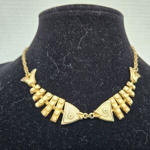 Antique Gold Cream Enamel Articulated Fish Choker Necklace